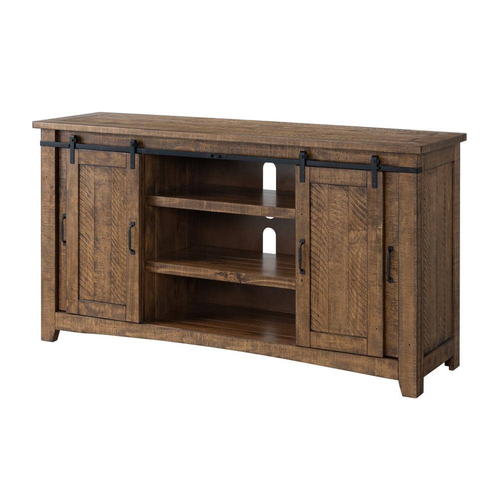 Rustic Pine and Black Metal Mesh 65" TV Stand with Cabinet