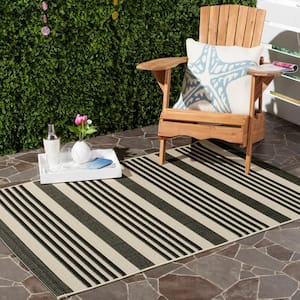 Courtyard Black/Bone 8 ft. x 8 ft. Square Striped Indoor/Outdoor Patio  Area Rug