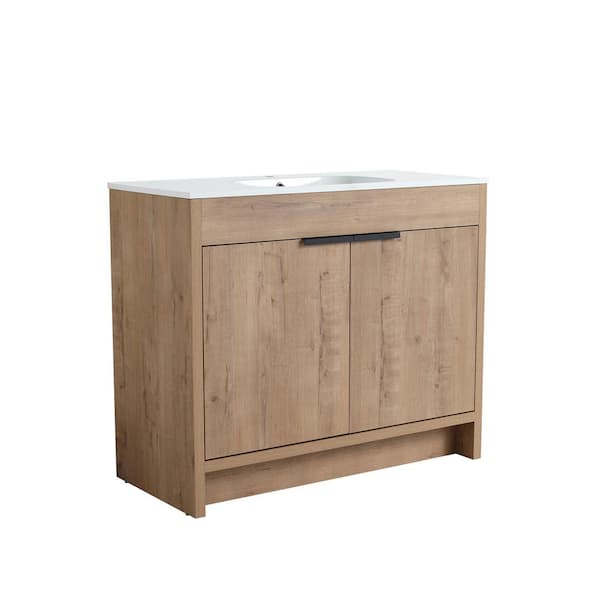 Bellaterra Home 39.4 in. W x 18.1 in. D x 33.5 in. H Single Bath Vanity Neutral Finish White Solid Surface Resin Sink Top