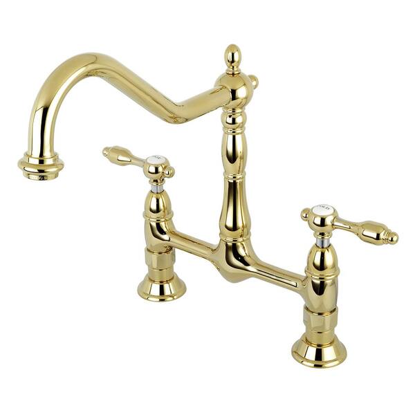 Kingston Brass Victorian 2-Handle Bridge Kitchen Faucet with Lever Handle in Polished Brass