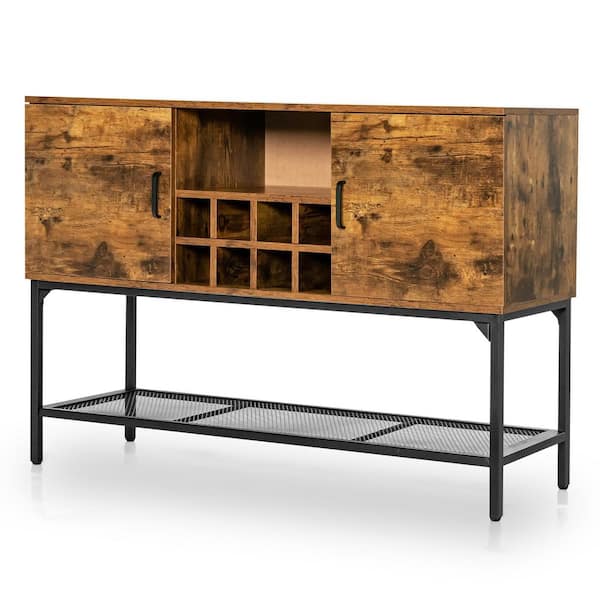 Costway Industrial Brown Kitchen Buffet Sideboard 2-Door Console Table with Open Shelf Wine Rack