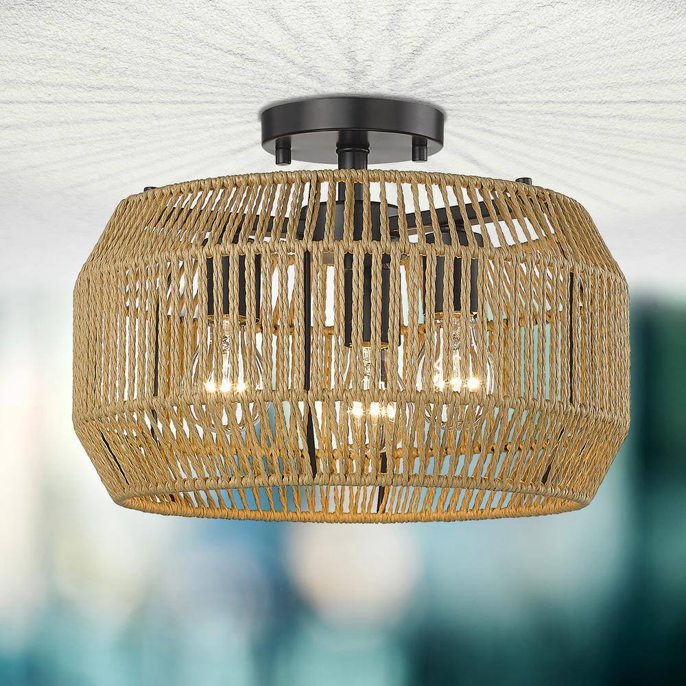 Matte Black and Natural Rope 14" Drum Semi-Flush Mount Light