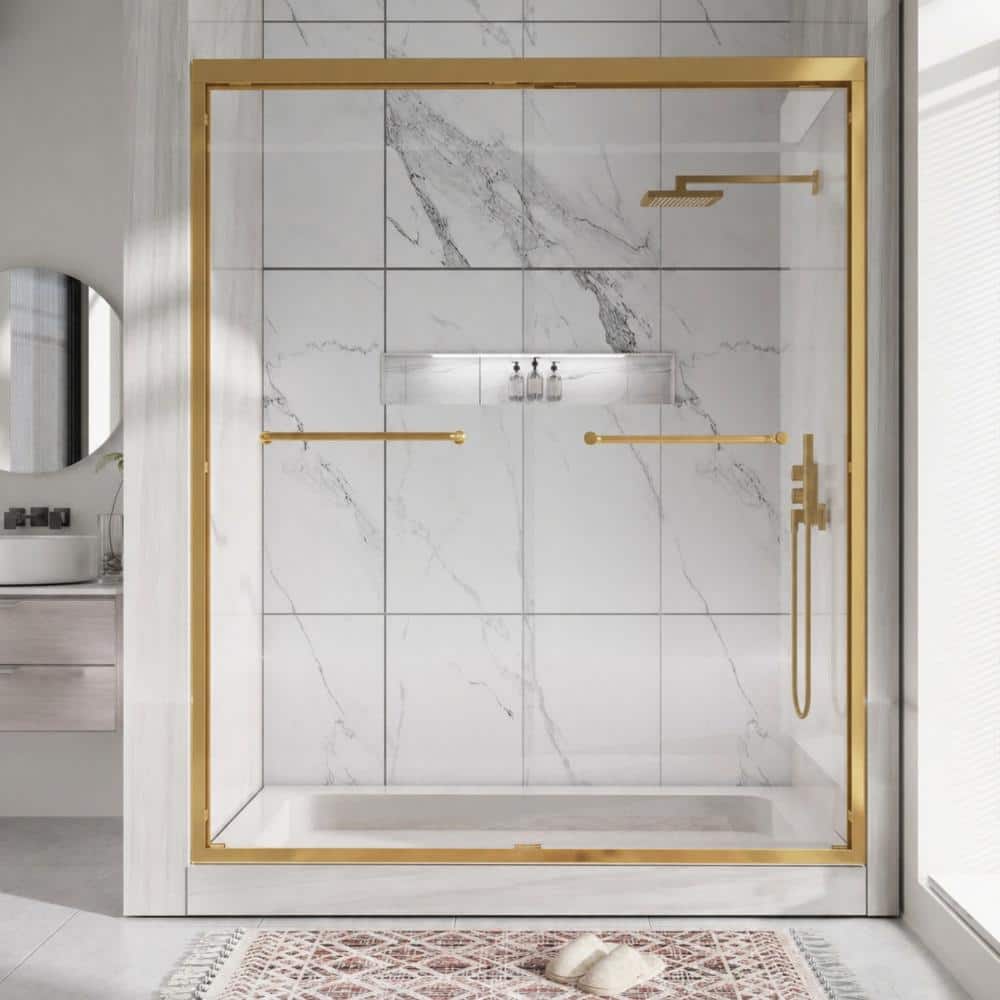 "44"" to 48"" W x 72"" H Framed Double Sliding Shower Door in Brushed Glod with Clear Glass" price history on PriceWatchPro