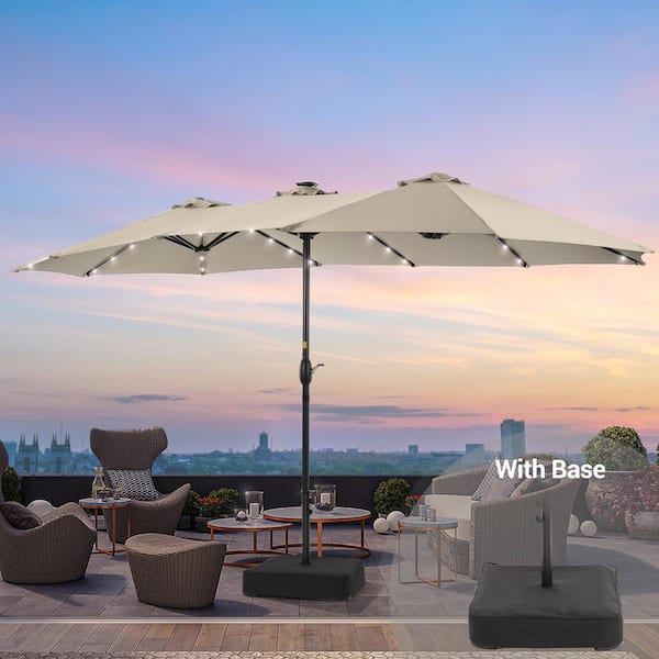 15 ft. x 9 ft. Solar LED Lighted Outdoor Double-Sided Patio Market Umbrella with Crank and Base in Sand