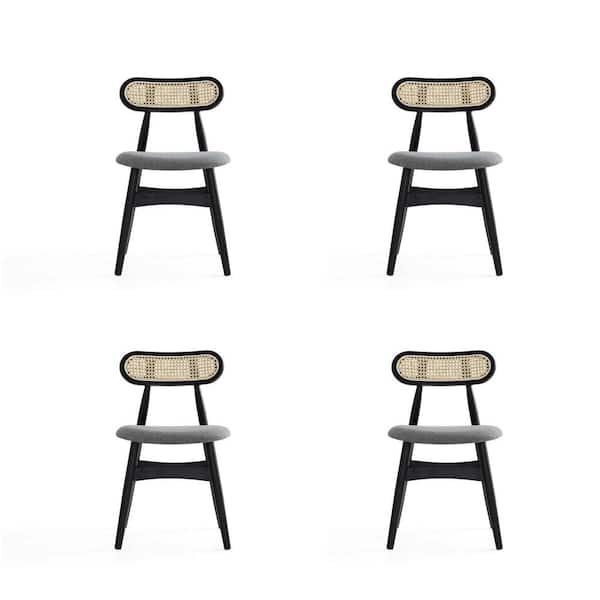 Manhattan Comfort Colbert Black, Cane and Grey Woven Polycotton Upholstered Dining Side Chair (Set of 4)