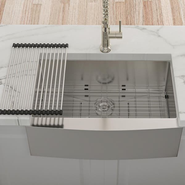 24 in. Farmhouse Single Bowl 16 Gauge Brushed Nickel Stainless Steel Kitchen Sink with Bottom Grids
