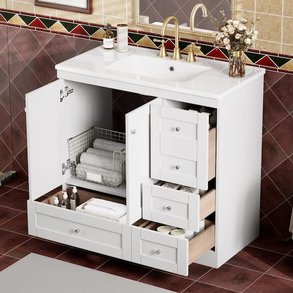 36 in. W x 18 in. D x 34.5 in. H Freestanding Bath Vanity in White with White Resin Single Sink Top, 4 Drawers & 2 Doors