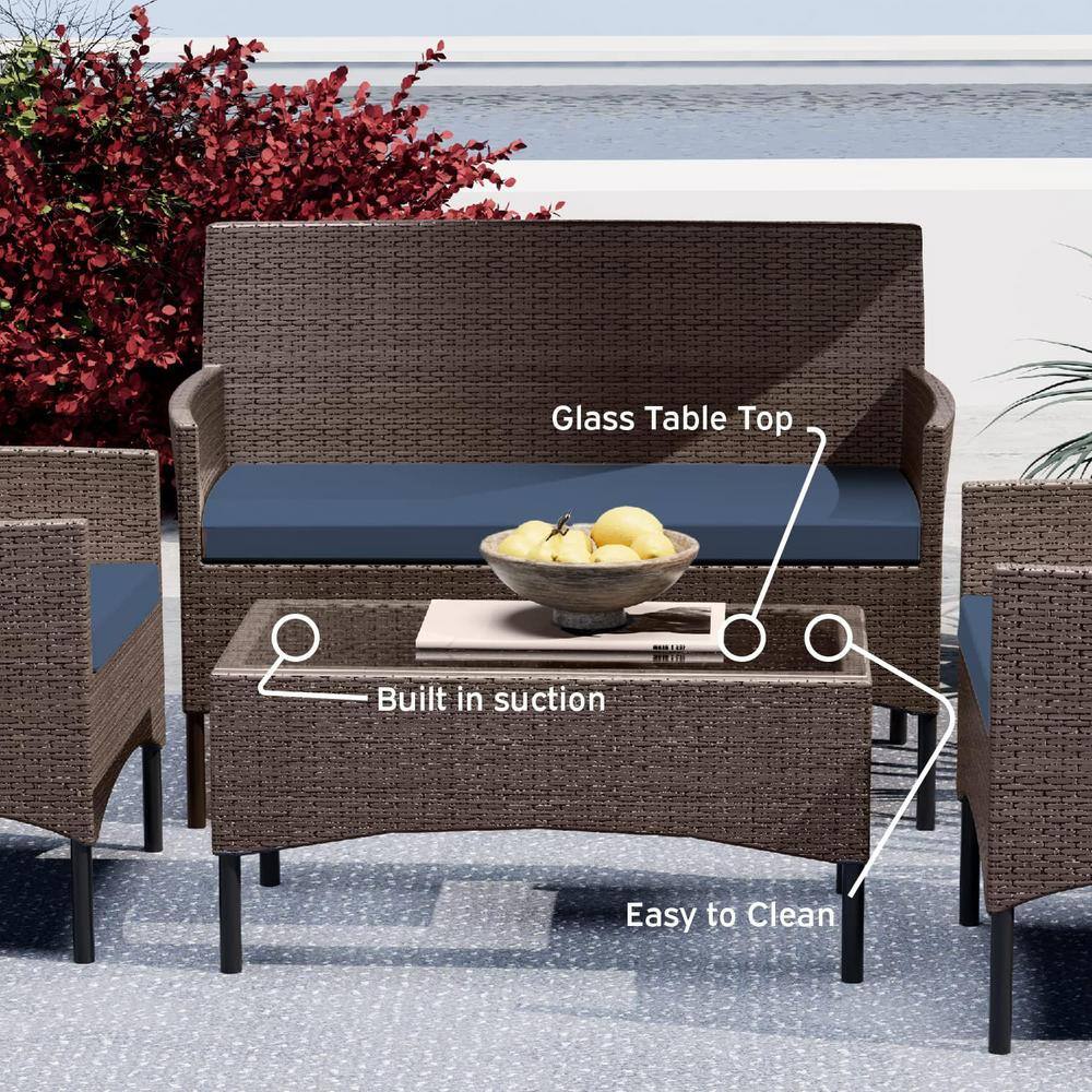 4-Piece Brown Wicker Outdoor Seating Set with Blue Cushions