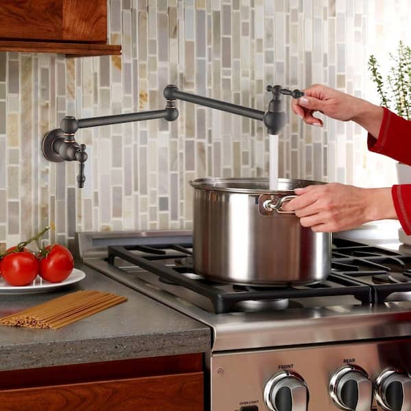 Tomfaucet Double Handle Wall Mount Pot Filler in Oil Rubbed Bronze