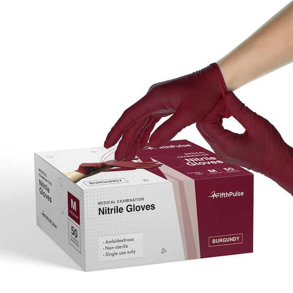 FifthPulse Medium Nitrile Exam Latex Free and Powder Free Gloves in Burgundy - (Box of 50)