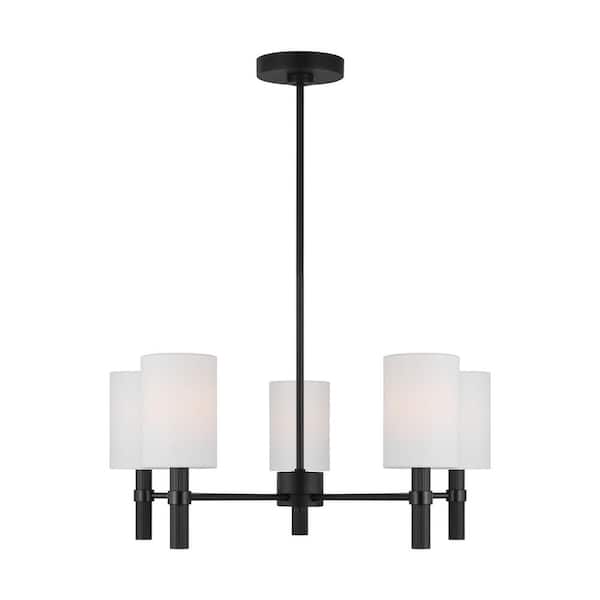 SCOTT LIVING Manor 5-Light Midnight Black Medium Chandelier with White Linen Fabric Shades and No Bulbs Included