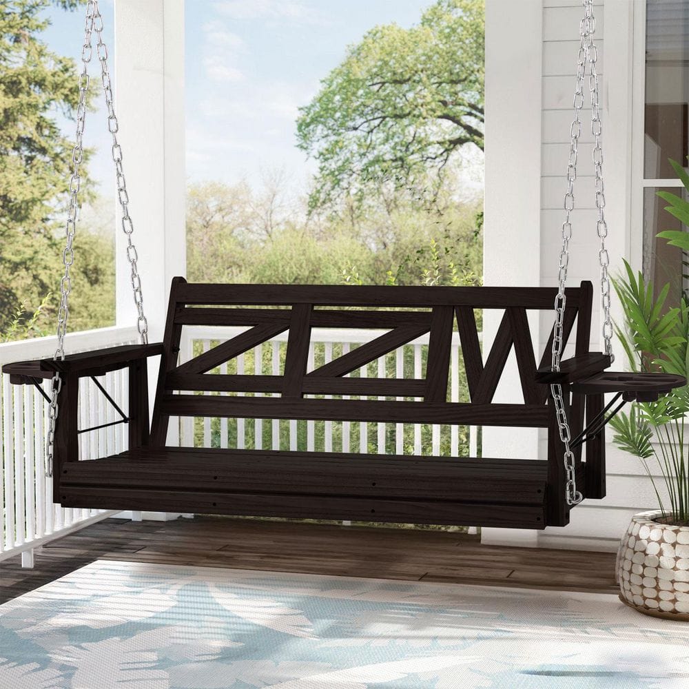 2-Person Dark-Brown Wood Porch Swing with Hanging Chains Upgraded Cupholder