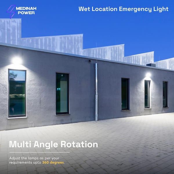 LED Wet Location Emergency Light with 2 Round Adjustable Flood Lamps, 90 Min Backup, UL Listed, 120/277VAC, White