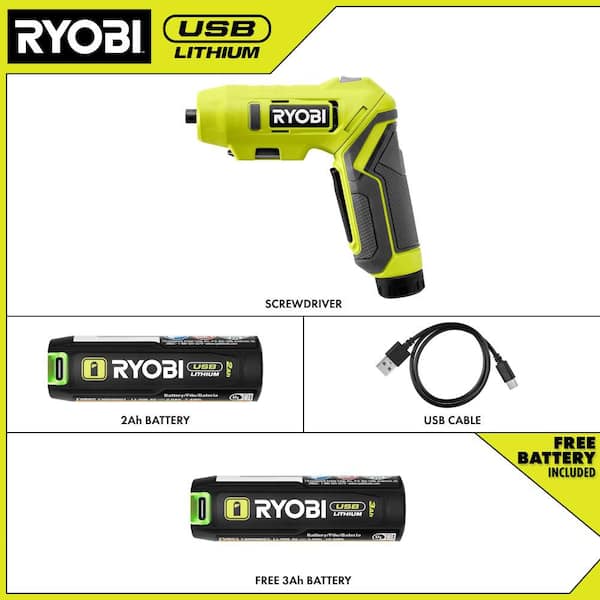 USB Lithium Screwdriver Kit with 2.0 Ah USB Lithium Battery, Charging Cable, and FREE USB Lithium 3.0 Ah Battery