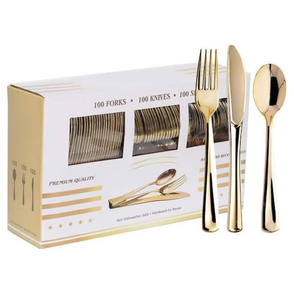 Gold Plastic Cutlery Set, 300-Pieces, Disposable Flatware for Parties, Weddings, Daily Use