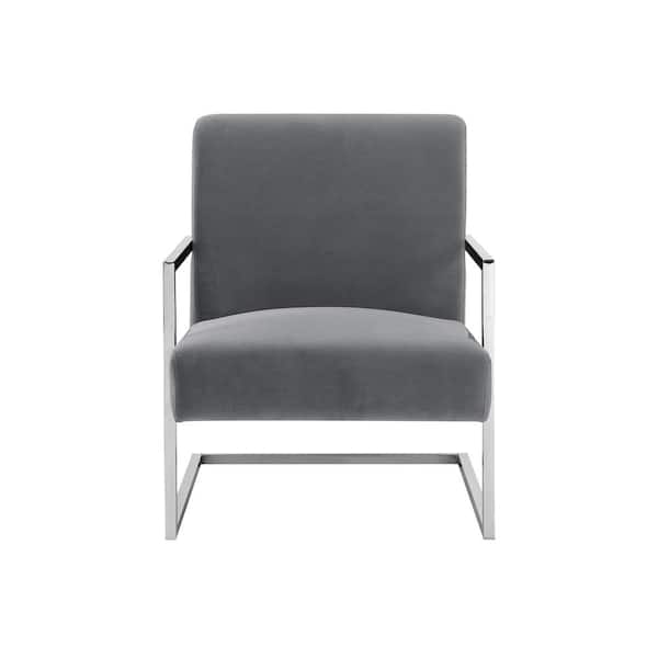Nicole Miller Konnor Grey/Chrome Velvet Accent Chair with Square Arm