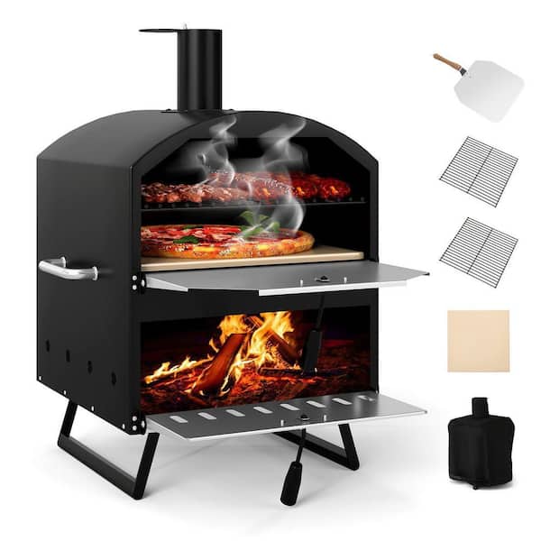 16 in. Wood Burning Outdoor 2-Layer Pizza Oven Kit in Black with Square Stone
