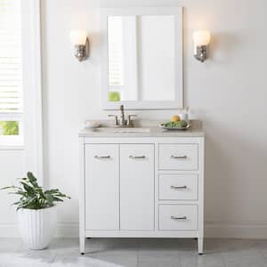 Marrett 37 in. W x 19 in. D x 38 in. H Single Sink  Bath Vanity in White with Silver Ash Engineered Solid Surface Top