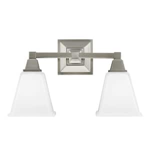 Denhelm 16.5 in. W. 2-Light Brushed Nickel Wall/Bath Vanity Light with Inside White Painted Etched Glass