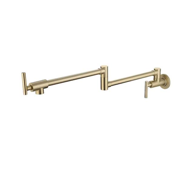 Wall-Mount Kitchen Pot Filler Faucet with 2 Handles, Swivel Spout, Easy-Clean Nozzles in Brushed Gold