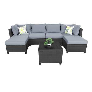 Black 7-Piece Wicker Patio Conversation Set with Gray Cushions