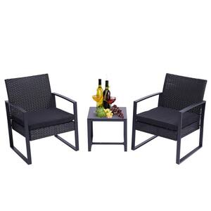 Black 3-Piece Wicker Outdoor Bistro Patio Sets with Coffee Table Rattan Chair Conversation Sets with Black Cushions