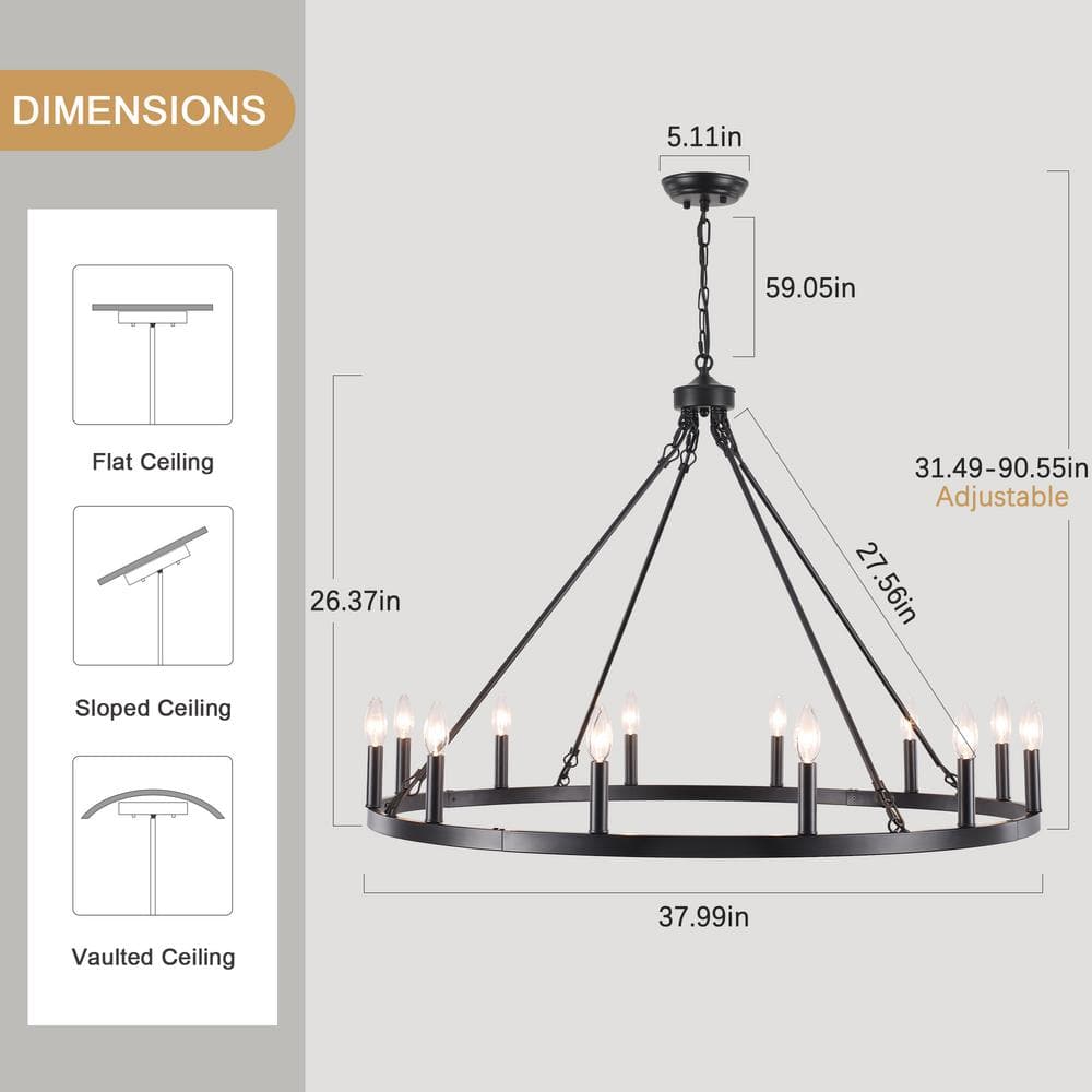 Matte Black 12-Light Candle Wagon Wheel Chandelier