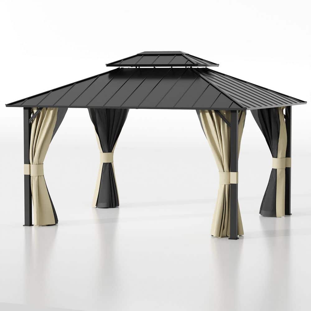 Outdoor 12 ft. x 14 ft. Khaki Hardtop Gazebo with Aluminum Frame, Permanent Pavilion with Netting & Curtains price history on PriceWatchPro