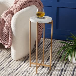 Branwen 10 in. White/Gold Round Faux Marble End Table