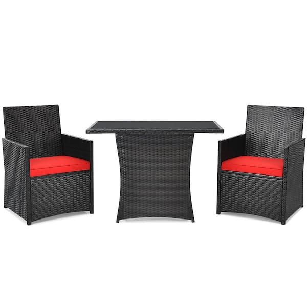 Gymax 3-Piece Patio Wicker Bistro Set PE Rattan Outdoor Dining Table Set with Red Cushions