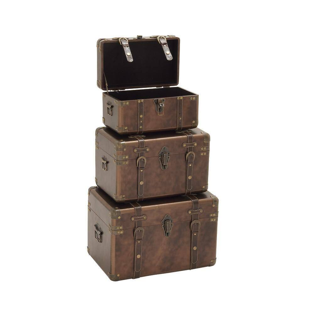 Brown Leather Rectangular Storage Trunk Set with Vintage Accents, 3-Pieces