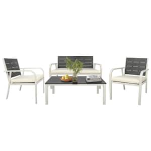 4-Pieces White Metal Outdoor Patio Conversation Set with Grey Cushions Coffee Table for Garden Poolside and Backyard