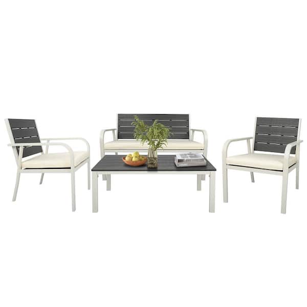 Unbranded 4-Pieces White Metal Outdoor Patio Conversation Set with Grey Cushions Coffee Table for Garden Poolside and Backyard