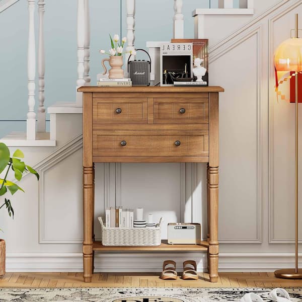 23.7 in. Natural Rectangle Wood Console Table with 3-Storage Drawers and Bottom Shelf