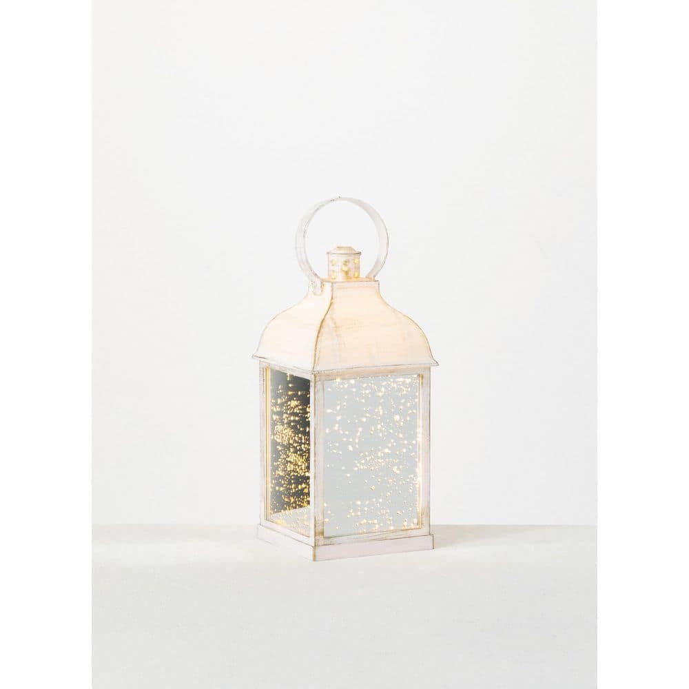 SULLIVANS 10.5 in. White Speckled Lantern with LED Pillar Candle