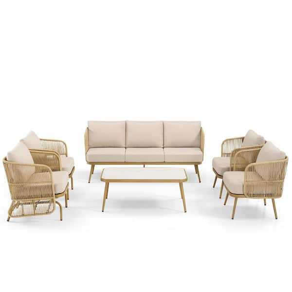6-Piece Wicker Patio Conversation Set, Including Sofa Lounge Chairs, and Side Table with Beige Cushions