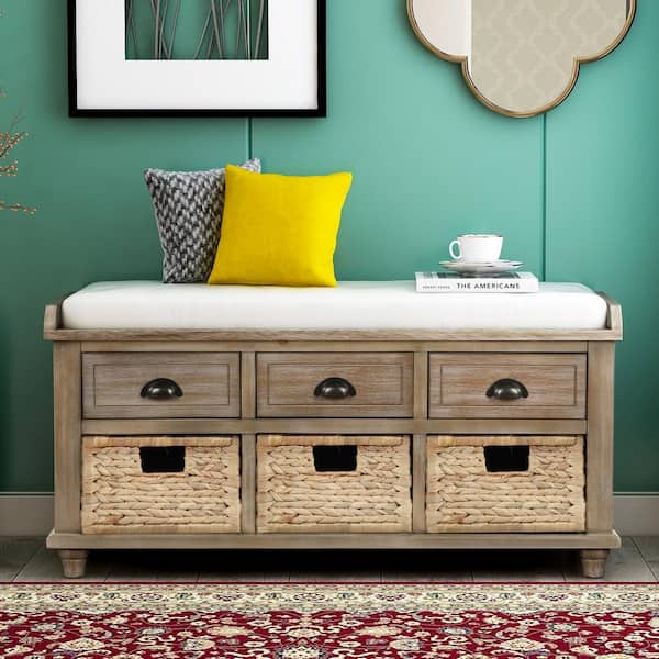 White Washed Wooden Storage Shoe Bench Stool 42.1"L x 15.4"W x 18.7"H with Removable Cushion, 3 Drawers and 3 Baskets