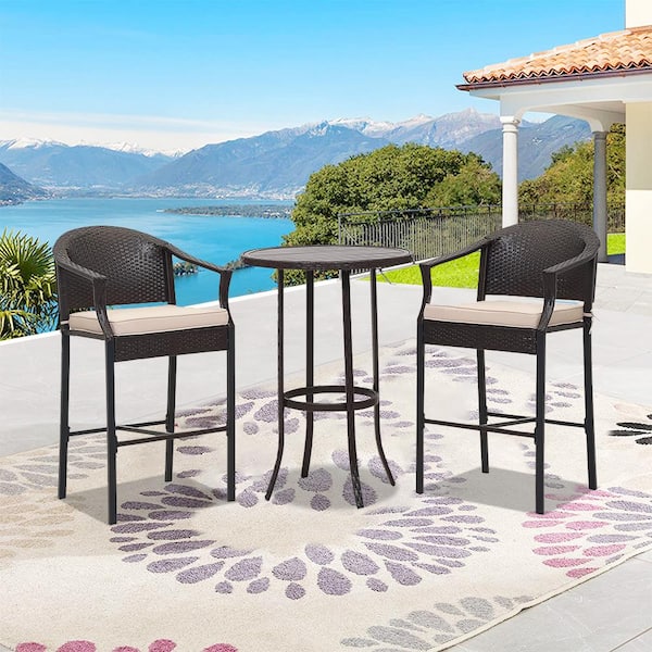 Cesicia 3-Piece PE Wicker Outdoor Serving Bar Set Patio Conversation Set with Beige Cushions