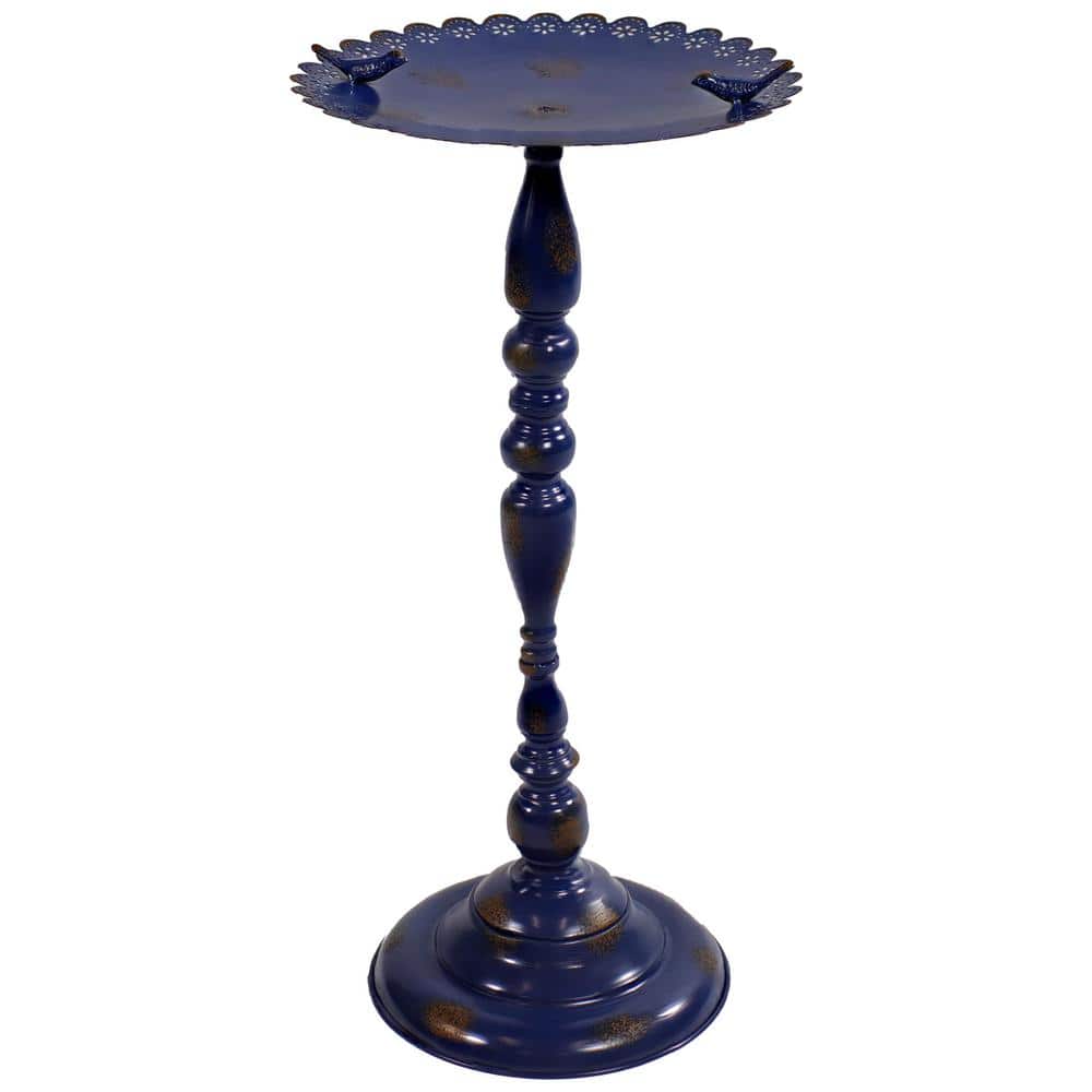 Vintage Blue Iron Pedestal Bird Feeder with Scalloped Edges