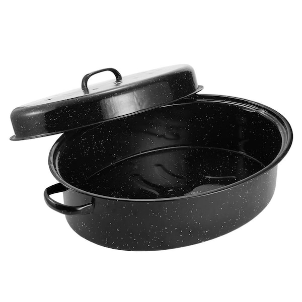 Numhew 10 qt. Black Enameled Porcelain Roasting Pan with Domed Lid, Oval Turkey Roaster Pot, Broiler Pan for 18 lb. Turkey