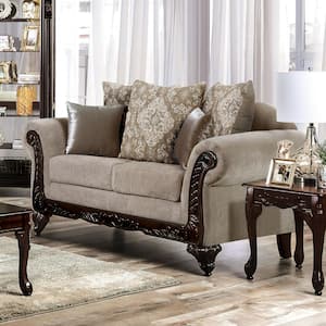 Roselawn 68 in. Beige and Walnut Chenille 2-Seater Loveseat with Pillows Included