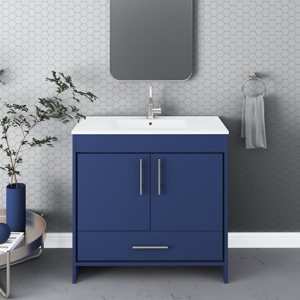 Pacific 36 in. W x 18 in. D x 34 in. H Bath Vanity in Navy with White Ceramic Vanity Top with White Basin