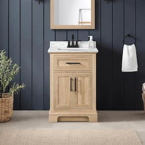 Doveton 24 in. Single Sink Freestanding Weathered Tan Bath Vanity with White Engineered Marble Top (Fully Assembled)