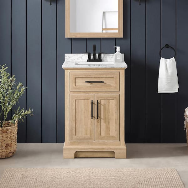 Home Decorators Collection Doveton 24 in. Single Sink Freestanding Weathered Tan Bath Vanity with White Engineered Marble Top (Fully Assembled)