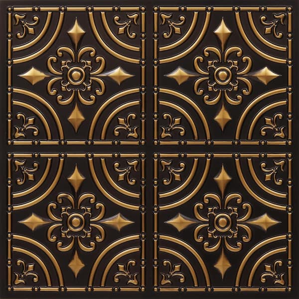 FROM PLAIN TO BEAUTIFUL IN HOURS Wrought Iron Antique Gold 2 ft. x 2 ft. Glue Up PVC Faux Tin Ceiling Tile