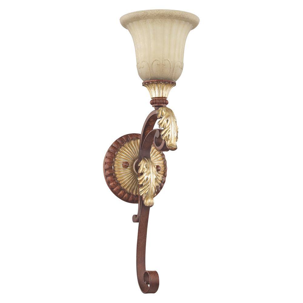 Verona Bronze and Gold Leaf Rustic Art Glass Sconce