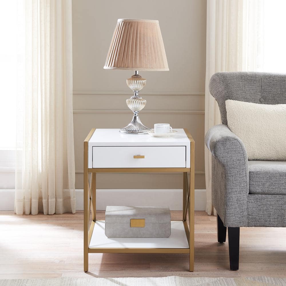 Claudette Gold Metal Frame and White Wood Top End Table with Drawer