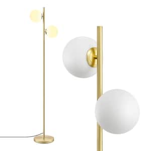 63.4 in. Golden Metal 2-Light LED Dimmable Tree Floor Lamp for Living Room with Globe Glass Shade