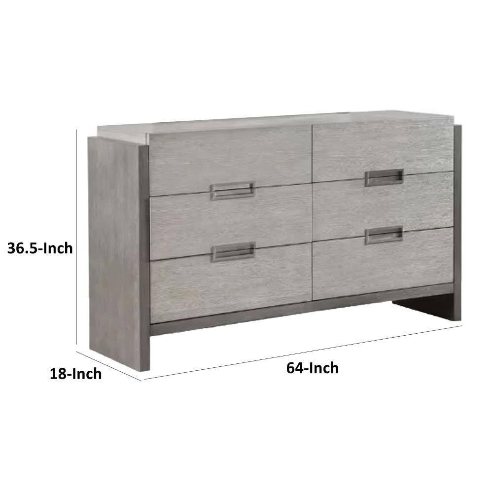 Stone gray 6-drawer dresser with dimension measurements.