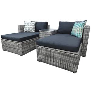 5-Piece Gray Wicker Outdoor Sectional Conversation Sofa Set with Gray Cushions and Pillows, Furniture Protection Cover